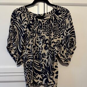 Karen Kane Navy and Cream Patterned Blouse